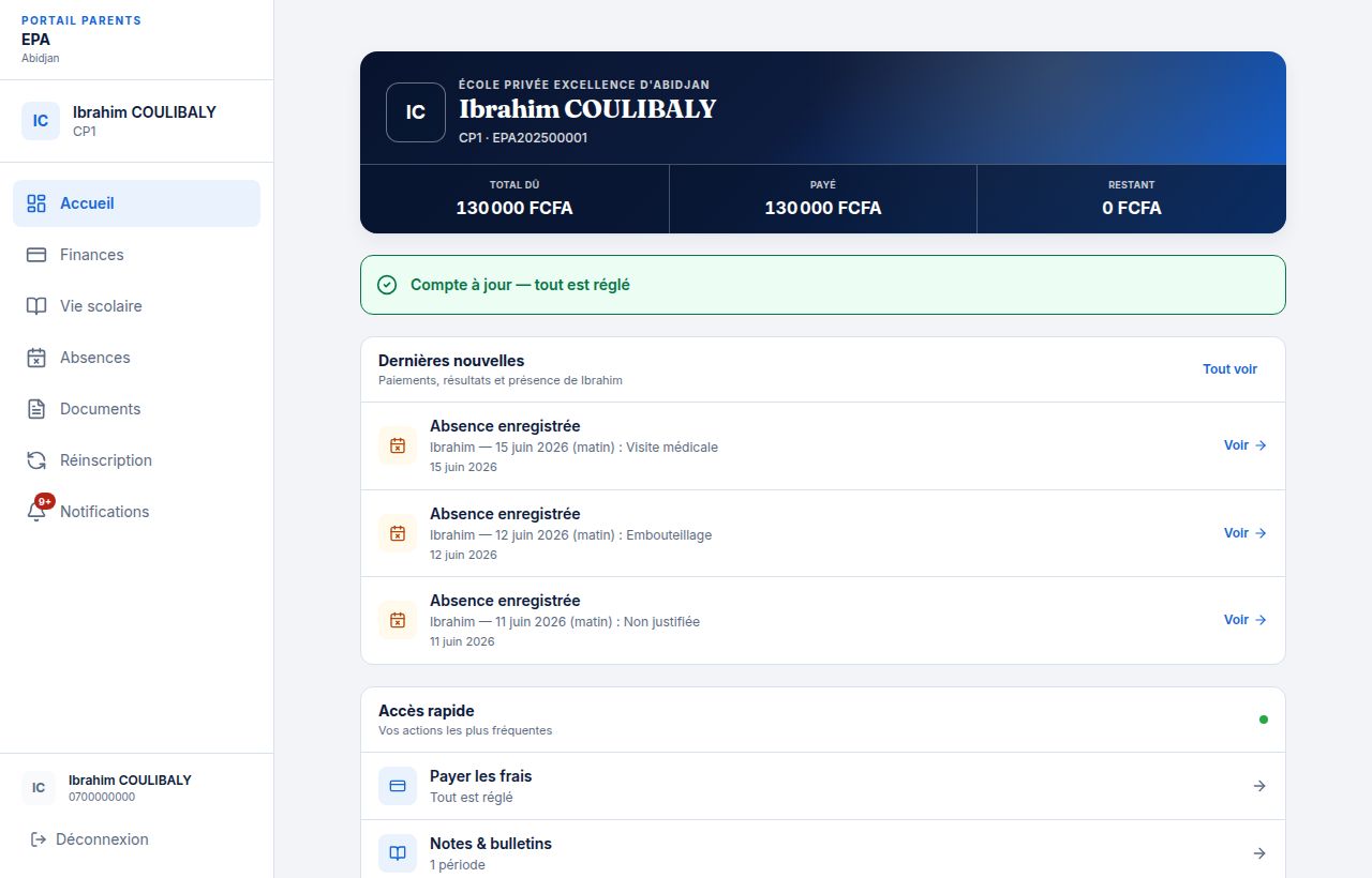 Portail parent Lakoli sur mobile — fiche élève Ibrahim COULIBALY CM2 A avec solde, notes et navigation