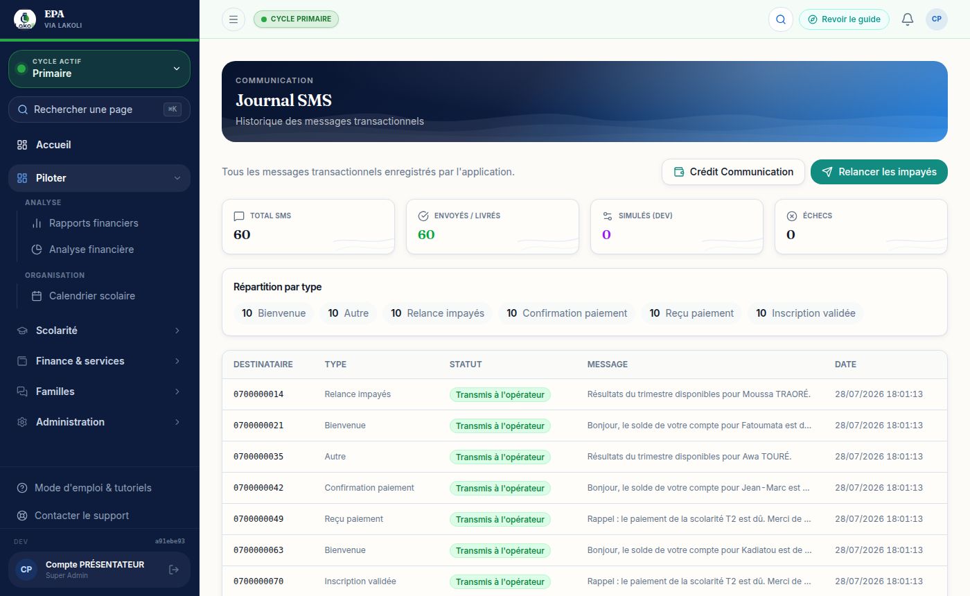 Interface Lakoli — Messagerie SMS avec onglets Message individuel, Envoi groupé, Relances, Historique, Modèles